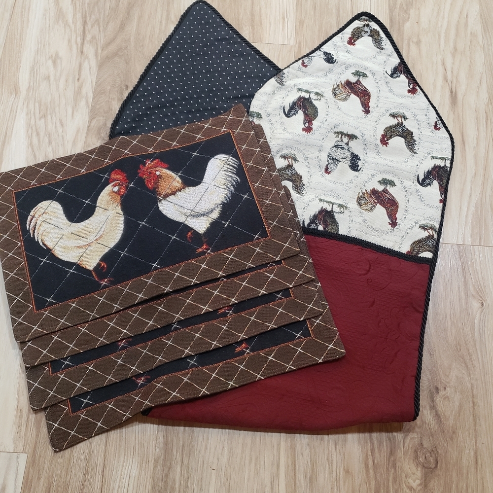 Roosters &chickens Tablerunner And Placemats,farmhouse Vintage